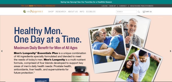 This screenshot of the home page for Eco Nugenics has a light peach background and three photos of happy-looking men in various activities, along with the words 'Healthy Men, One Day At A Time' in blue lettering. 