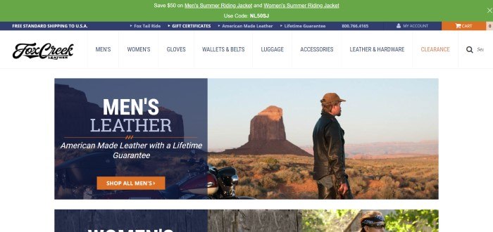 This screenshot of the home page for Fox Creek Leather shows a man in a black leather jacket overlooking a desert scene.