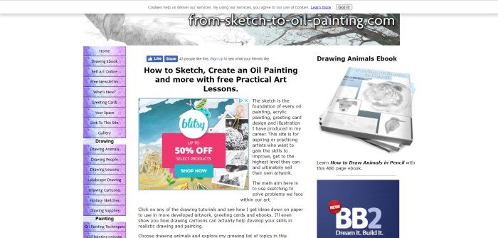 This screenshot of the home page for From Sketch To Oil Painting has black text on white background with a summer sales ad on left side of the page.