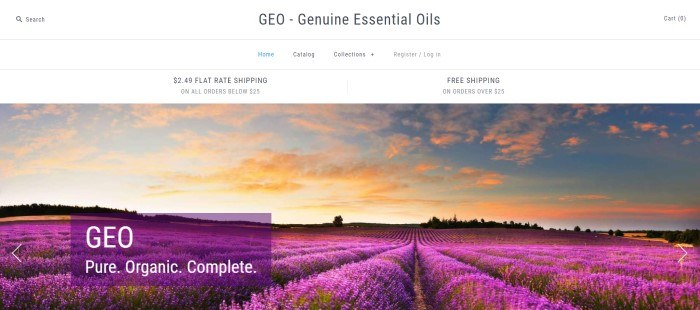 This screenshot of the home page for GEO Essential includes a large photo of a lavender field at sunset.