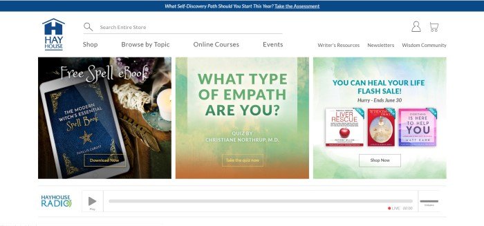 This screenshot of the home page for Hay House shows images of Hay House products, including a spellbook, a book about empaths, and an advertisement for a flash sale.