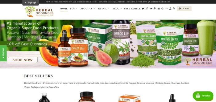 This screenshot of the home page for Herbal Goodness shows several bottled herbal products plus some cut papaya in front of a green jungle photo. 