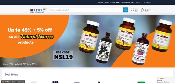 This screenshot of the home page for Herbs Pro shows an orange and gray background with several bottled herbal supplements in the foreground. 