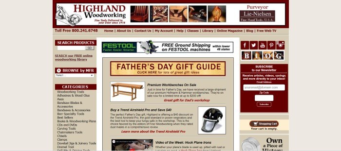 This screenshot of the Highland Woodworking home page is mostly text, including categories and other links, over a beige background, with a few small photos of woodworking projects and a Father's Day sale advertised in a yellow box near the top of the page.