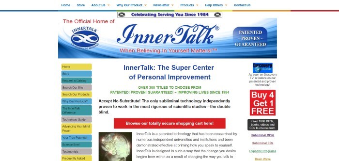 This screenshot for the home page for Inner Talk shows a white and blue header with 'Inner Talk' written in fancy lettering in blue, with a white text window below it and yellow, blue and green navigation bars on the left 