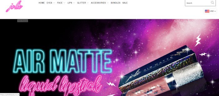 This screenshot of the home page for Jolie Beauty includes a neon-light type of lettering that says "Air Matte Liquid Lipstick" over a galaxy-themed backround. 