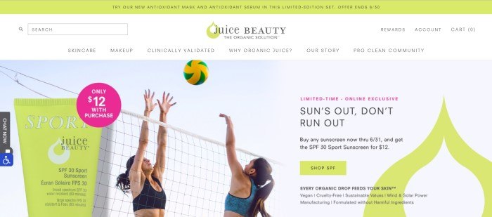 This screenshot of the homepage for Juice Beauty shows two women playing volleyball outside with a green and yellow ball.