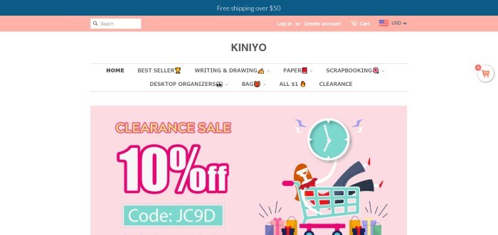 This screenshot of the home page for Kiniyo shows a mostly white background with pink and aqua accents, including an image of a woman in an aqua shopping cart, underneath an aqua clock, next to a 10% off sales ad.