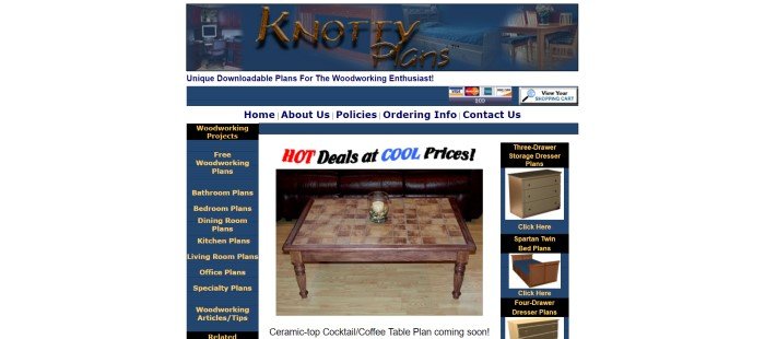 This screenshot of the home page for Knotty Plans shows a dark blue background with a white box in the center of the page containing the words "Hot deals at cool prices" and a photo of an intricate wooden end table.