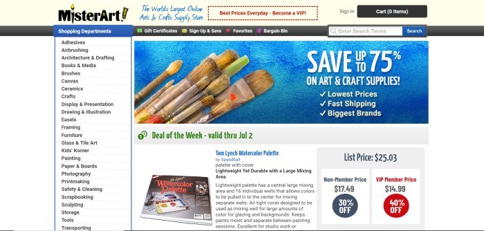 This screenshot of the home page for MisterArt shows a blue background near the top of the page with a set of paintbrushes, along with an advertisement for a 75% off sale, above a white background with black text.