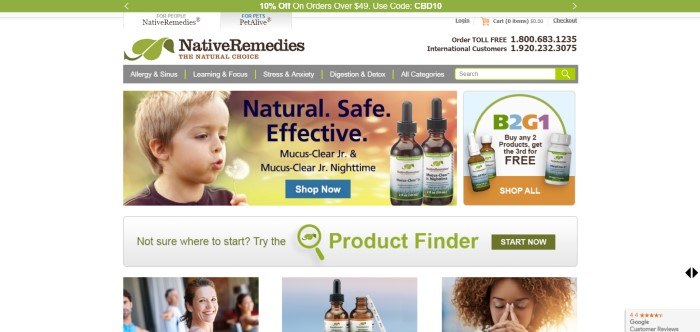 This screenshot of the home page for Native Remedies includes a photo of a boy with blonde hair blowing dandelion seeds next to the words 'Natural, Safe, Effective,' and some photos of herbal tinctures. 