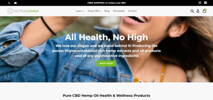 This screenshot of the home page for NutraCanna shows part of the face of a happy woman in a blue shirt, along with the words 'All health, no high' in white lettering, followed by smaller white text with a green call-to-action button.