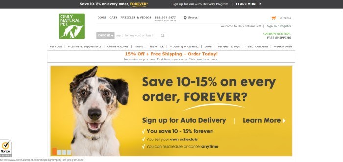 This screenshot of the home page for Only Natural Pet shows a floppy-eared dog against a yellow background containing a sales pitch.