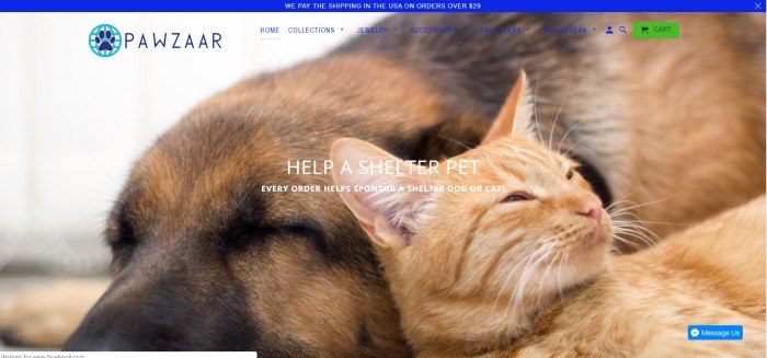 This screenshot of the home page for Pawzaar shows an orange cat sleeping next to a brown dog against a white background. 