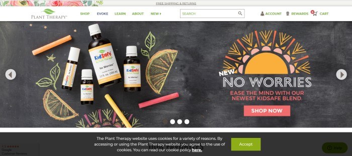 This screenshot of the home page for Plant Therapy shows an assortment of essential oil bottles with Kidsafe labels lying on a chalk board with colored chalk and some chalk sketches of lemon slices, along with an ad for the Kidsafe line of essential oils.