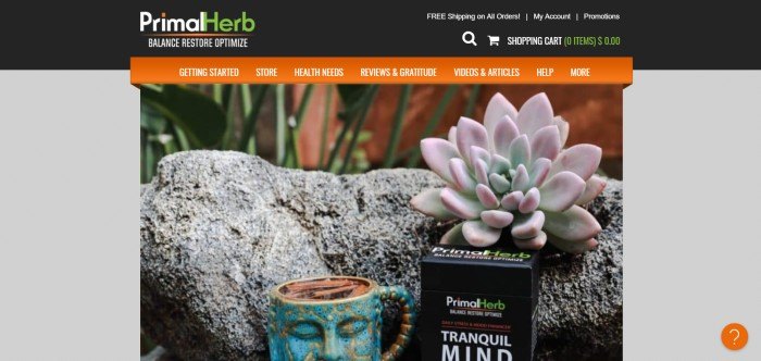 This screenshot of the home page for Primal Herb shows an aqua tea mug with a face on it next to a rock,, a succulent plant, and Primal Herb product. 