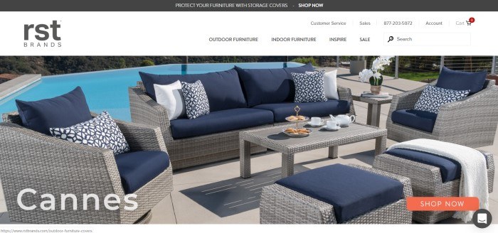 This screenshot of the home page for RST Brands shows a Beige and Navy outdoor patio set with a sofa, chair, ottoman, and coffee table on a patio in front of a swimming pool. 