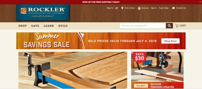 This screenshot of the Rockler Woodworking home page contains a mostly beige background with a wood-grained header box containing the Rockler logo, and below the header, a summer sale ad and two pictures of some woodworking projects.