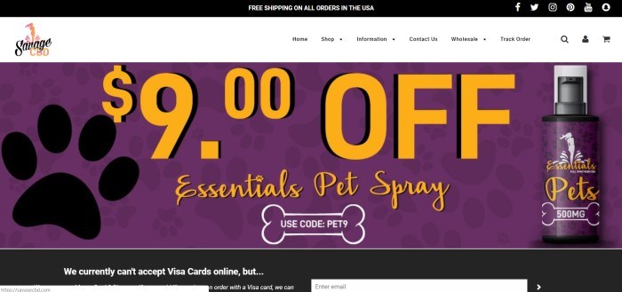 This screenshot of the home page for Savage CBD shows a -off sale on CBD pet supplies, with gold lettering on a purple background and a black paw print across from a bottle of CBD pet spray.