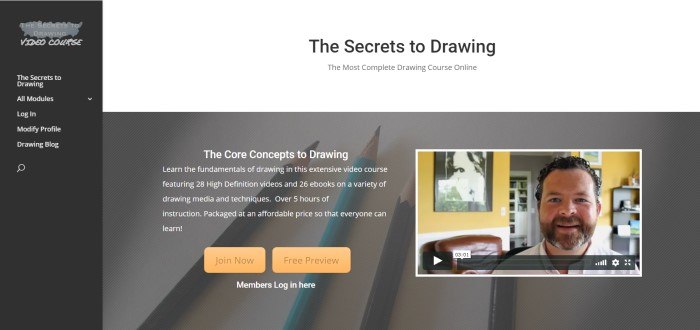 In this screenshot of the home page for Secrets to Drawing, there's a dark-filtered photo of colored pencils with white text and orange call-to-action buttons across the top.