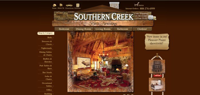 This screenshot of the home page for Southern Creek shows a rustic living room set with couches, a rug, and a fire inside a stone fireplace. 