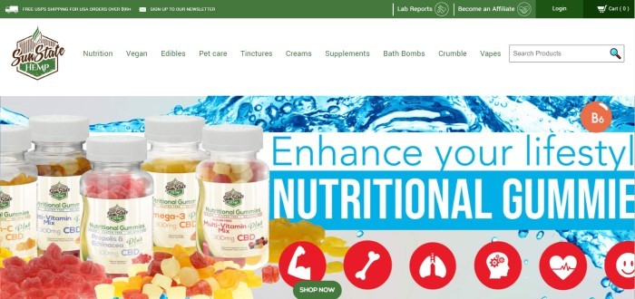 This screenshot of the home page for Sun State Hemp shows some bottles of CBD gummies in front of a background of blue flowing water.