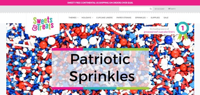 This screenshot of the home page for Sweets & Treats shows the words "Patriotic Sprinkles" over a mixture of red, white, and blue sprinkles.