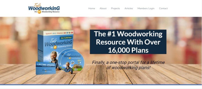 This screenshot of the home page for Ted's Woodworking shows a wooden table holding a DVD set of Ted's Woodworking and the words 