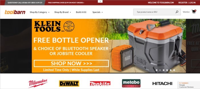 This screenshot of the home page for Tool Barn shows several icons for tool brands across the bottom of the page, along with the logo at the top of the page and an advertisement on a black and orange background for a free bottle opener from Klein Tools.