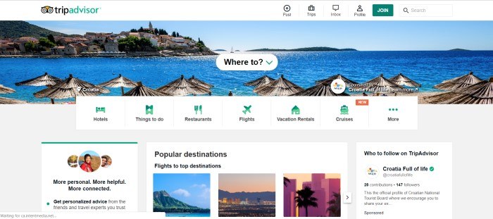 This screenshot for the home page of Trip Advisor shows a beachside town with umbrellas set up in the sand, and below that, a white background with a few small vacation photos, areas to search for destinations, and green icons for searching for flights, motel accommodations, and more.