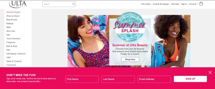 This screenshot of the home page for Ulta shows two photos of women relaxing and smiling near an ad for 'Summertime Splash'.'