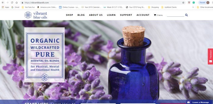 This screenshot of the Vibrant Blue Oils home page shows a blue glass bottle and a sprig of lavender on a wooden table, along with some adverting copy in a text box on the left side of the page.