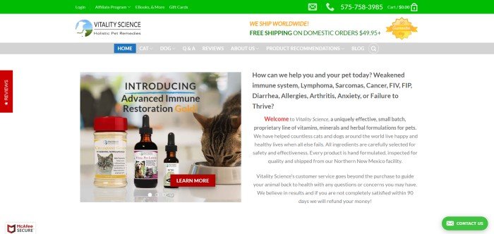This screenshot of the home page for Vitality Science shows a gray cat eating out of a white bowl near two glass dropper bottles.