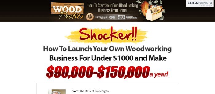 This screenshot of the Wood Profits home pages shows a dark header with the Wood Profits below and a white background below it with the word "Shocker" in red lettering over a yellow word bubble, with advertising text for starting a woodworking business in black lettering below that.