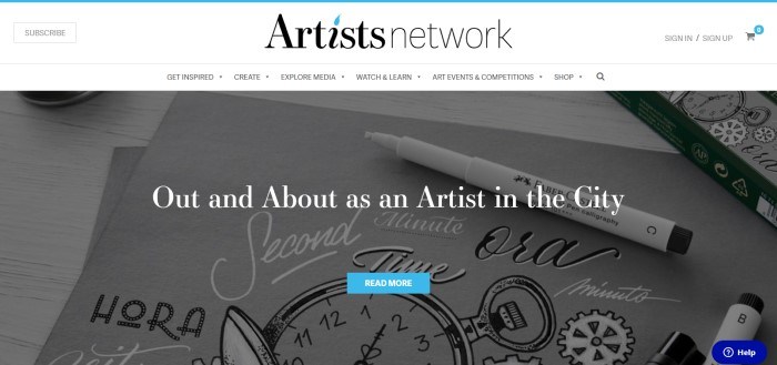 This screenshot of the home page for Artists Network shows a dark-filtered photo of a sketching of a clock with the Artists Network logo and navigation bar in a white header.