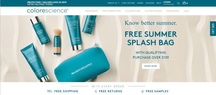 This screenshot of the home page for colorescience shows some teal-colored makeup pieces against a sandy background.