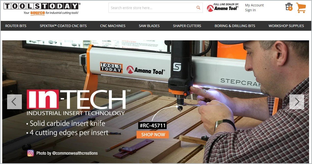 screenshot of ToolsToday homepage with an image showcasing a man working on a woodworking project