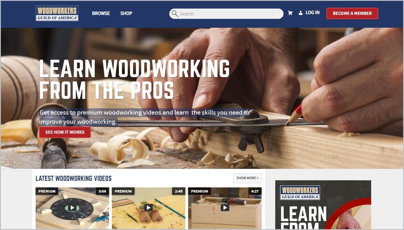 screenshot of Woodworkers Guild of America homepage with a closeup image of woodworker's hands currently working on a project for main image