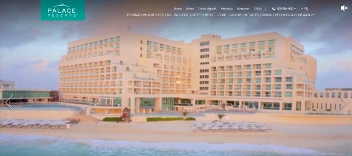 This screenshot of the home page for Palace Resorts includes a large photo of a beachside resort built of tan stone.