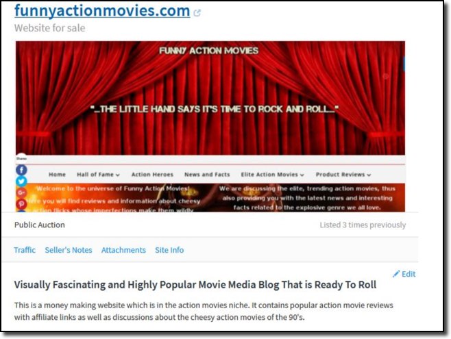 screenshot of the website listing for funnyactionmovies.com on flippa.com