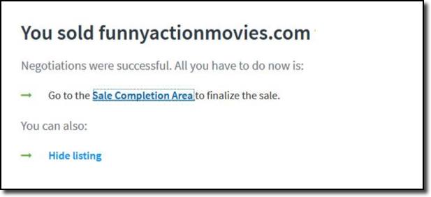 screenshot of the "website sold" confirmation from Flippa