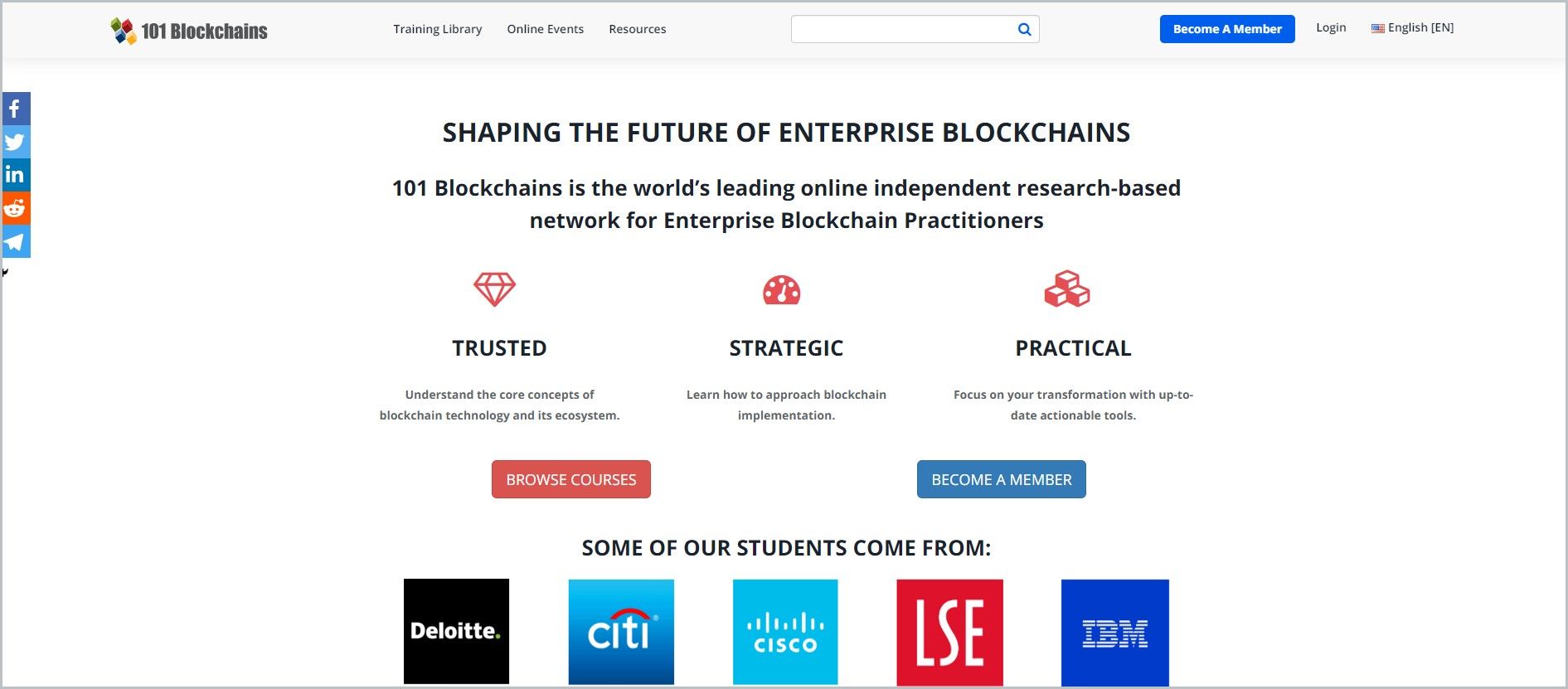 screenshot of 101 Blockchains homepage with white header bearing the website's name and main navigation menu