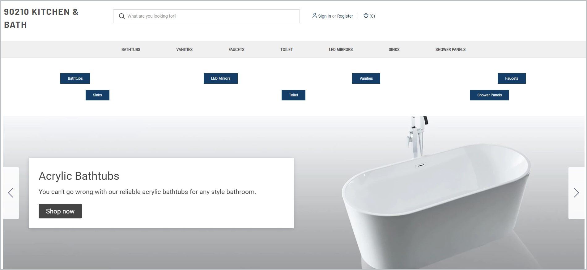 screenshot of 90210 Kitchen & Bath homepage, with a picture of a white bath tub for main image