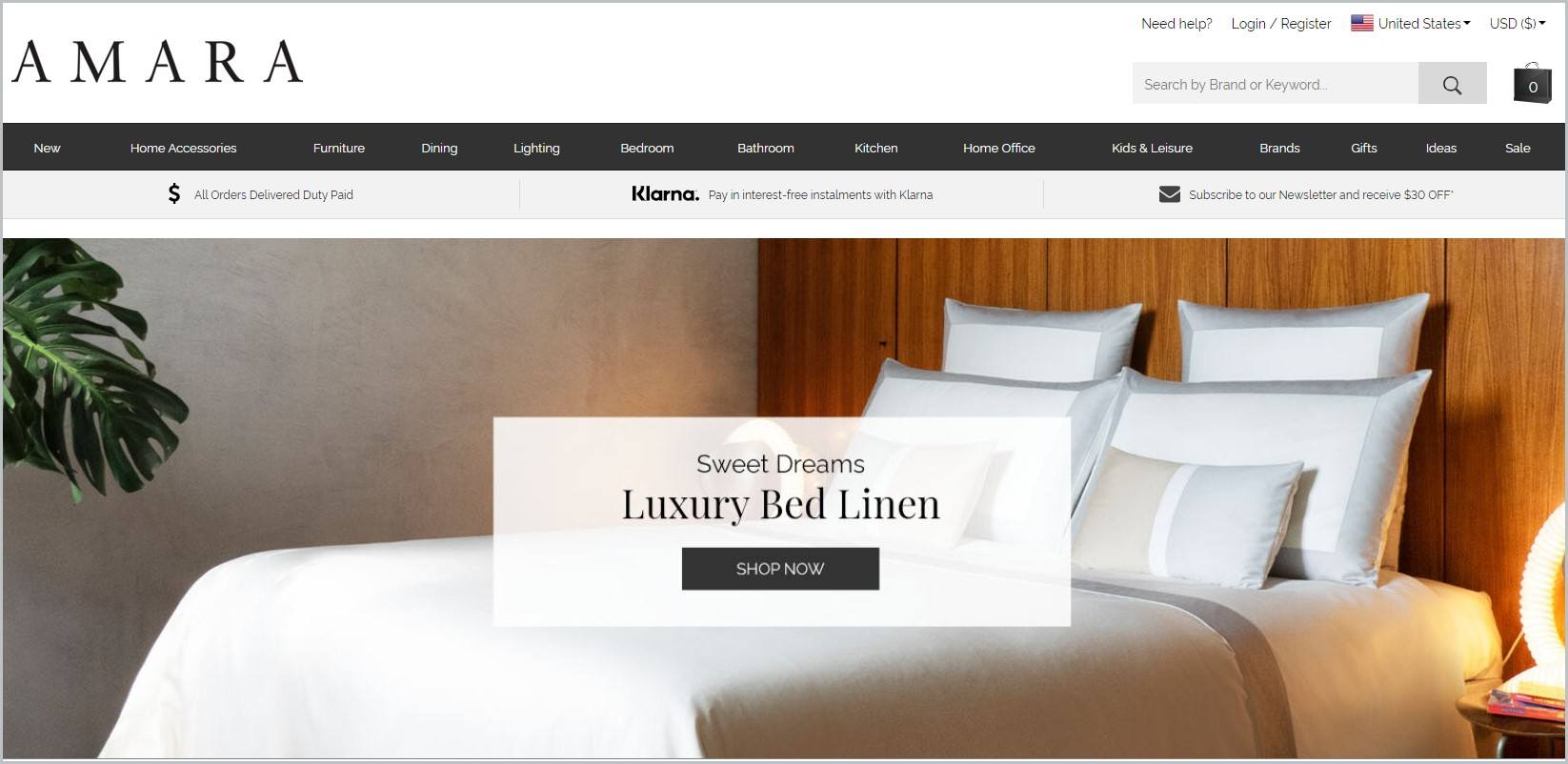 screenshot of Amara homepage with a photo of a neatly-made bed for main image