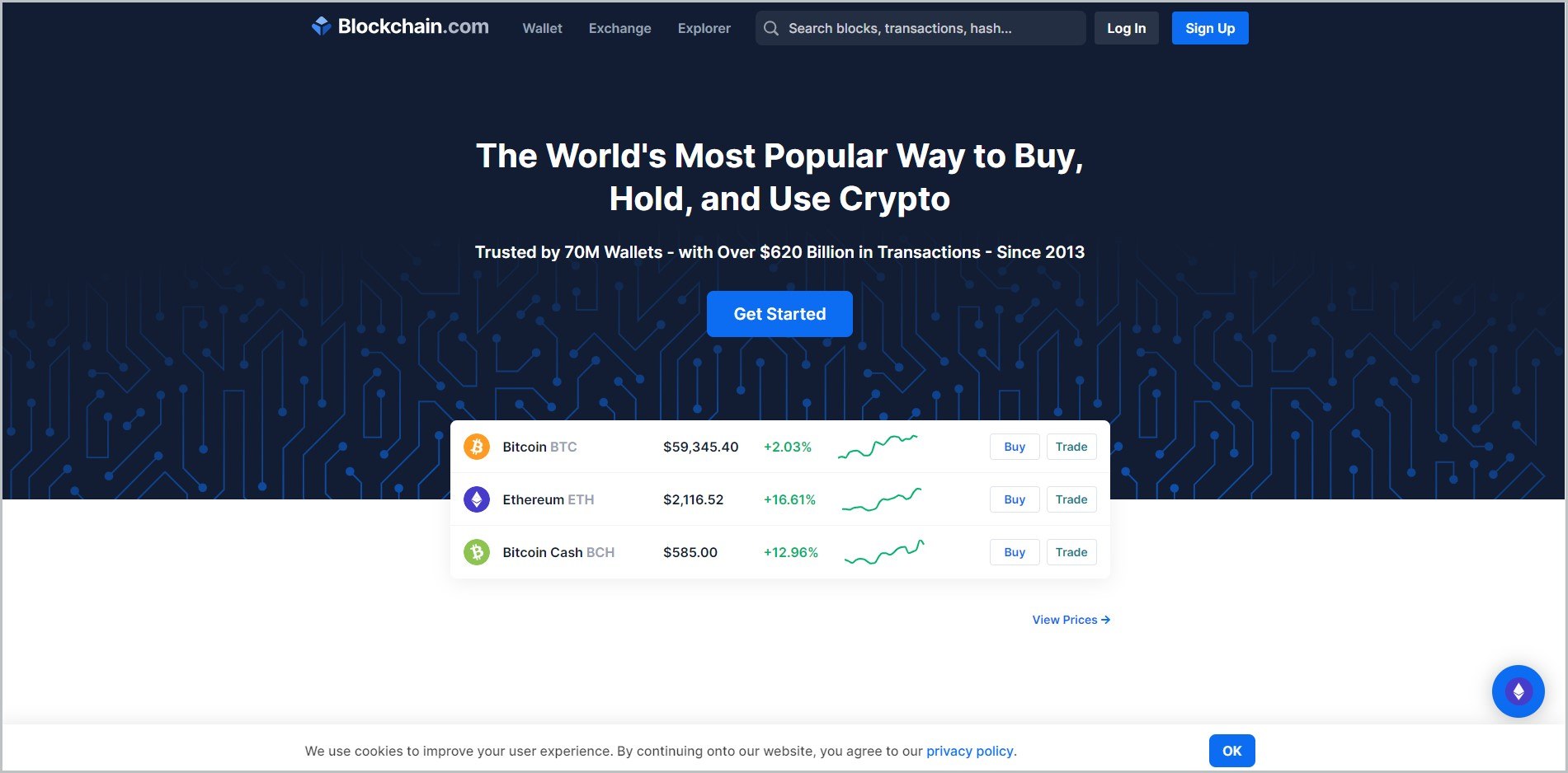 screenshot of Blockchain Exchange homepage which is dominantly black, header bears the website's name and main navigation menu, it also showcases a 'get started' button