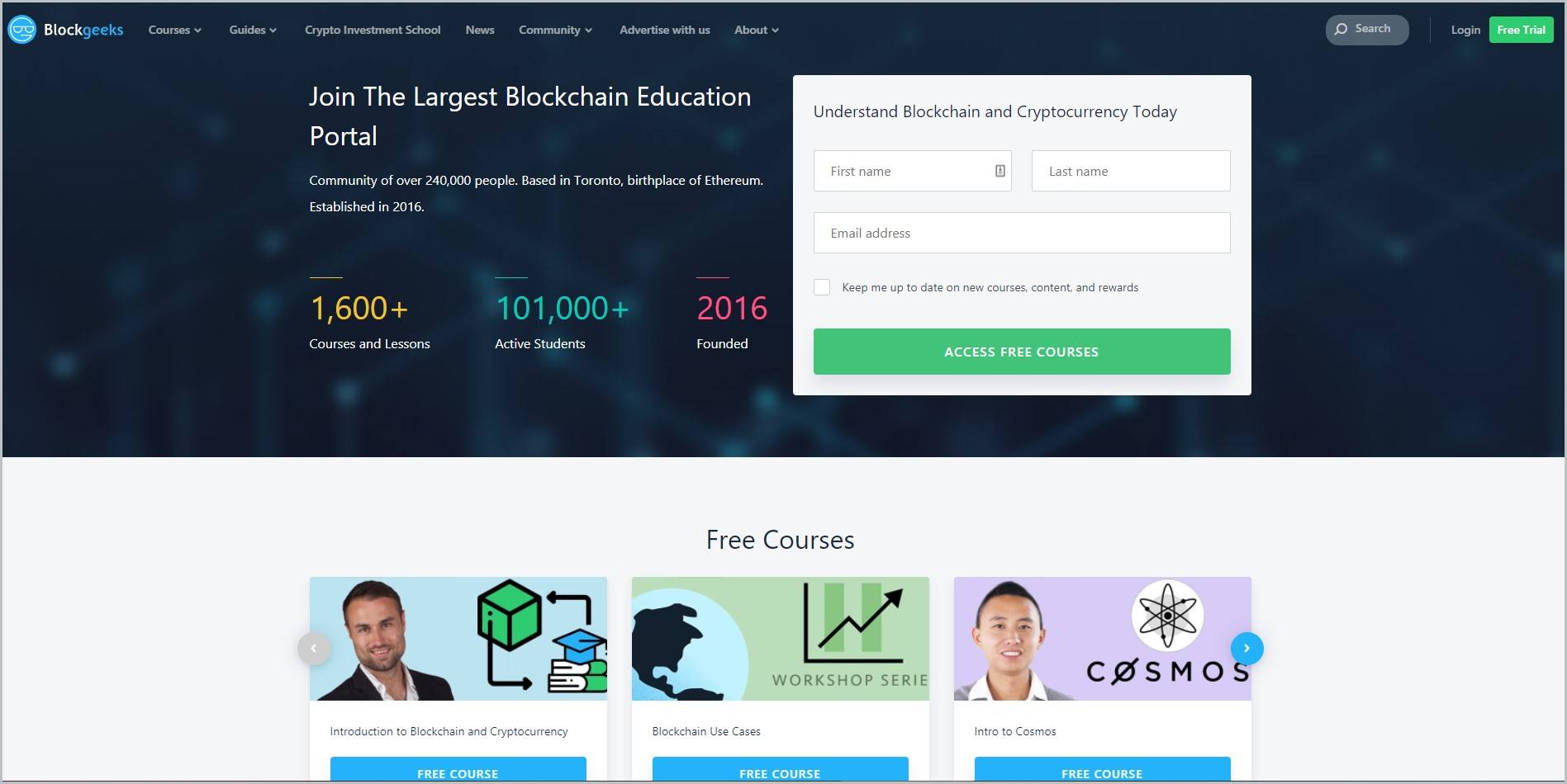 screenshot of Blockgeeks homepage which is dominantly dark blue, header bears the website's name and main navigation menu, it showcases a white signup form for access to a free course