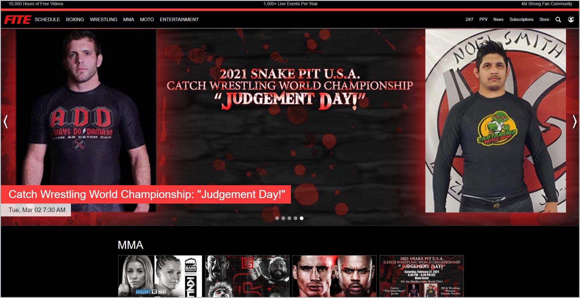 screenshot of FITE homepage showing two MMA Fighters and fight schedule for main image