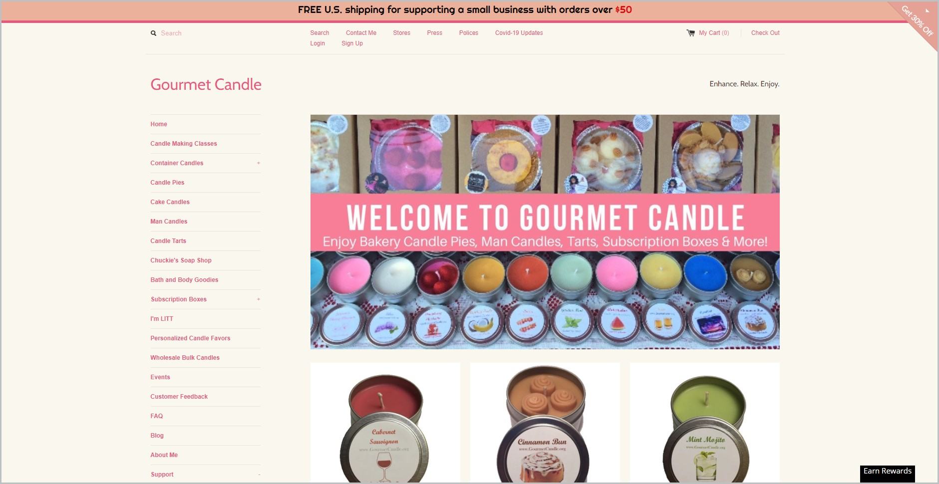 screenshot of Gourmet Candle homepage showcasing the companies products