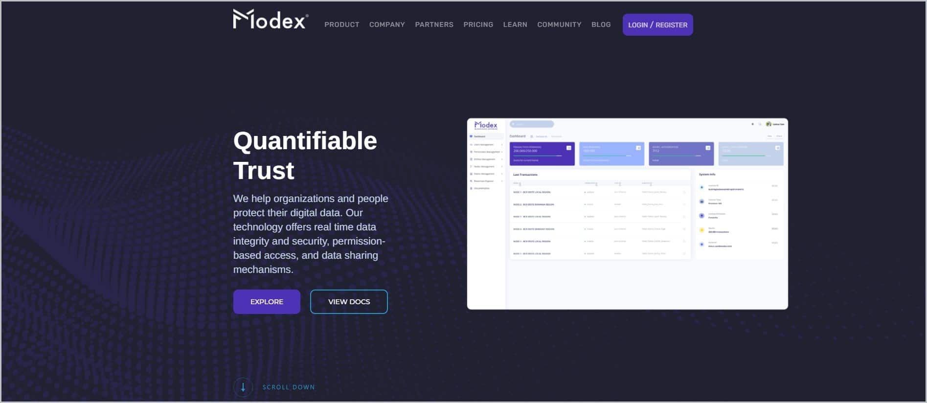 screenshot of Modex BCDB homepage which is dominantly black in color, the header bears the website's name and main navigation menu with a purple 'login/register' button