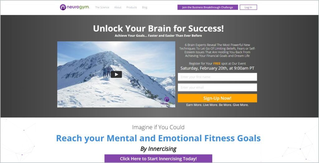 screenshot of NeuroGym homepage, with a signup button and video of snow-covered mountains